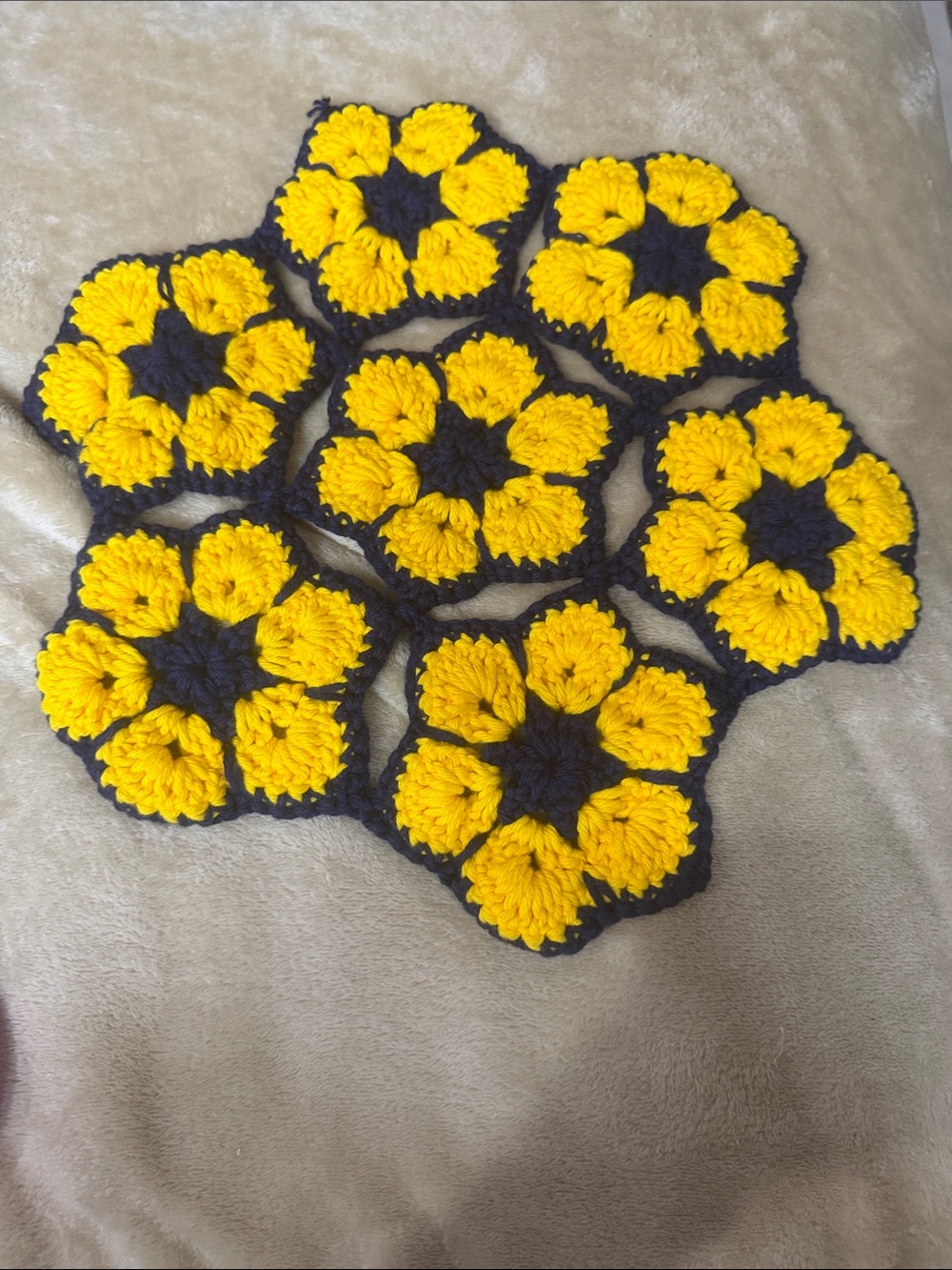 Handmade Crochet Flower Coasters - Yellow and Navy 13” (1)